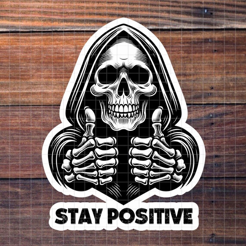 Polychrome 3 Inch Stay Optimistic Grim Reaper Sticker Thumbs Up Vinyl Decal - Image 1