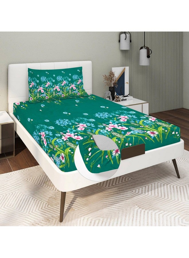 RD TREND Presents Luxurious Glace Cotton Super Soft 210 TC 360° Elastic Fitted Bedsheets Single Bed Size (72 x 48 x 8 Inch) with 1 Pillow Cover Size (28 x18), Color- Dark Green, Floral - Image 1