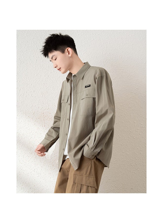 Tonlion Spring Long-sleeve Shirt For Men, Loose-fit Vintage Workwear, Solid Color Shirt, Casual Jacket, Khaki, L - Image 3