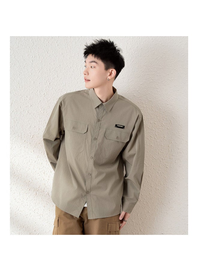 Tonlion Spring Long-sleeve Shirt For Men, Loose-fit Vintage Workwear, Solid Color Shirt, Casual Jacket, Khaki, L - Image 2