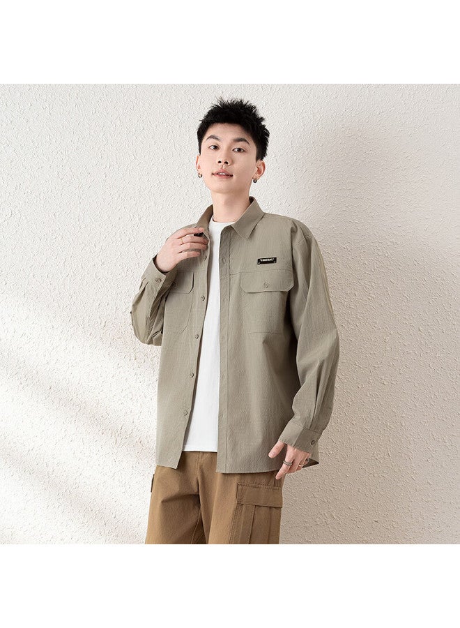 Tonlion Spring Long-sleeve Shirt For Men, Loose-fit Vintage Workwear, Solid Color Shirt, Casual Jacket, Khaki, L - Image 4