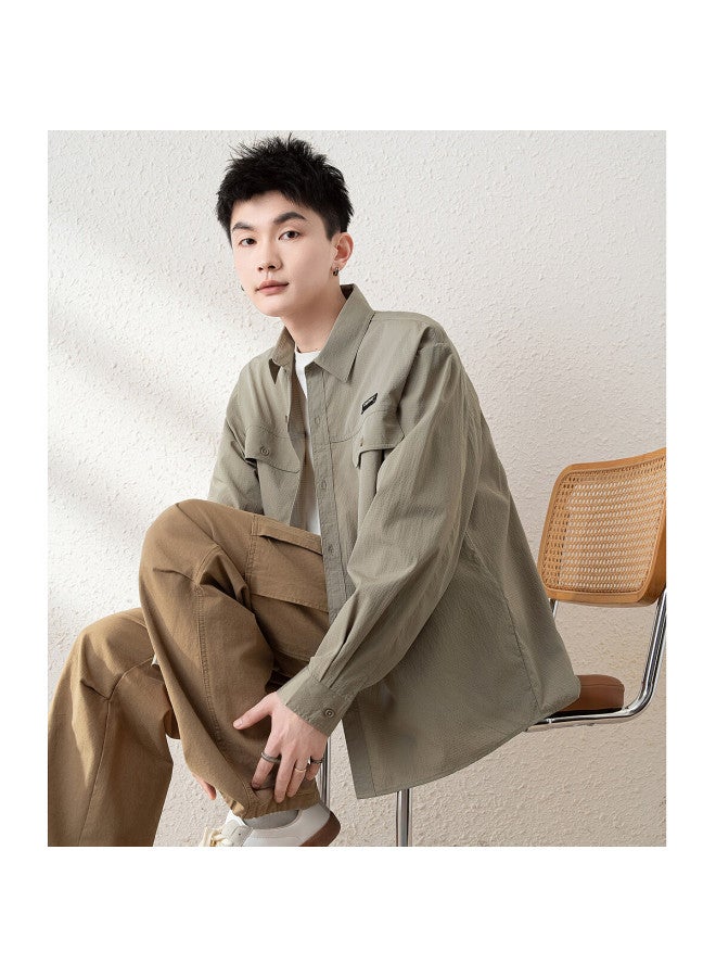 Tonlion Spring Long-sleeve Shirt For Men, Loose-fit Vintage Workwear, Solid Color Shirt, Casual Jacket, Khaki, L - Image 1