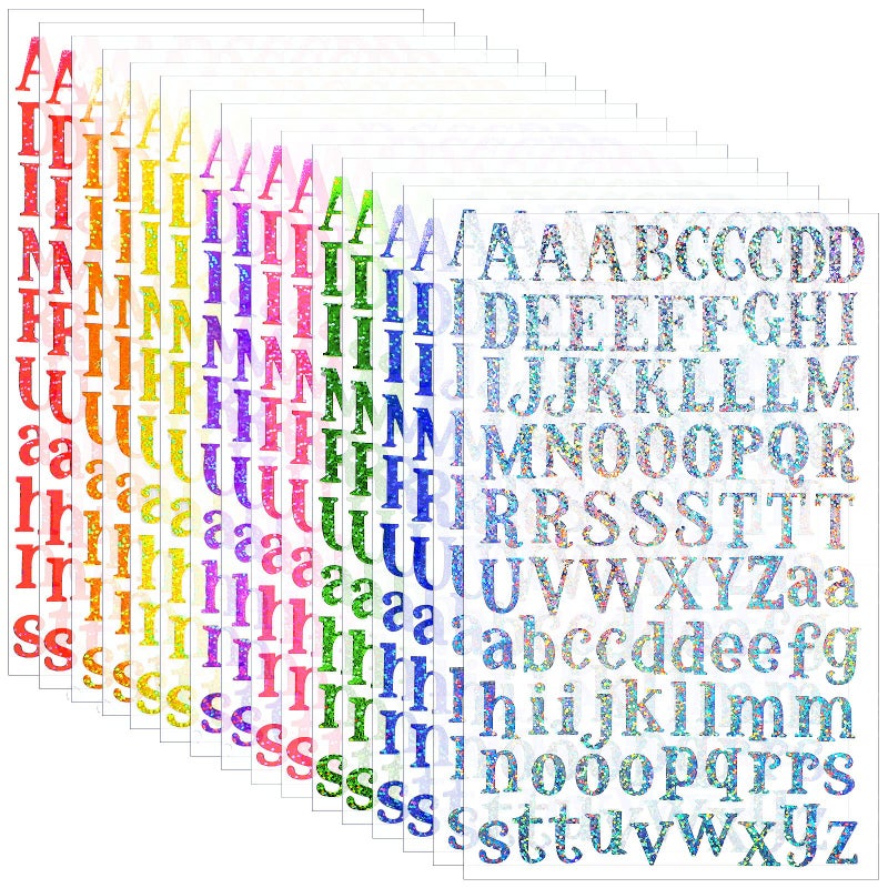 Clabby 2160 Pieces 24 Sheets Holographic Laser Letter Stickers Glitter Self Adhesive Stickers Shiny Alphabet DIY Small Vinyl Decorative Decals for Cups Scrapbooks Window Door Cars(Multiple Colors) - Image 1