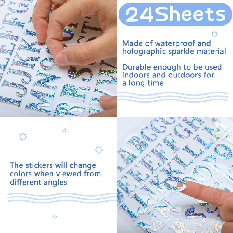 Clabby 2160 Pieces 24 Sheets Holographic Laser Letter Stickers Glitter Self Adhesive Stickers Shiny Alphabet DIY Small Vinyl Decorative Decals for Cups Scrapbooks Window Door Cars(Multiple Colors) - Image 3