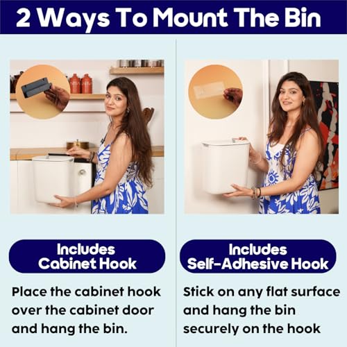 InstaCuppa Hanging Cabinet Door Dustbin with Lid – Double-Sided Flip & Slide Open, Odor-Sealed, 9L Plastic Trash Can for Kitchen, Bathroom & Under-Sink – Includes Cabinet Hanger & Adhesive Hook - Image 3