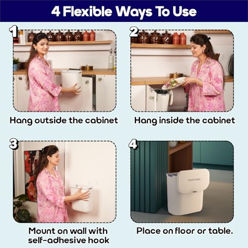 InstaCuppa Hanging Cabinet Door Dustbin with Lid – Double-Sided Flip & Slide Open, Odor-Sealed, 9L Plastic Trash Can for Kitchen, Bathroom & Under-Sink – Includes Cabinet Hanger & Adhesive Hook - Image 4