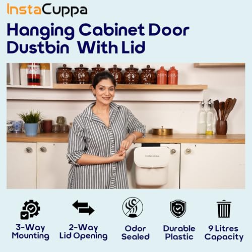 InstaCuppa Hanging Cabinet Door Dustbin with Lid – Double-Sided Flip & Slide Open, Odor-Sealed, 9L Plastic Trash Can for Kitchen, Bathroom & Under-Sink – Includes Cabinet Hanger & Adhesive Hook - Image 2