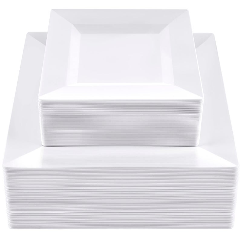 SETUP 100Piece White Square Plastic Dinnerware Set  50 95 Dinner  50 65 Salad Plates  HeavyDuty Disposable for Weddings Catering Parties