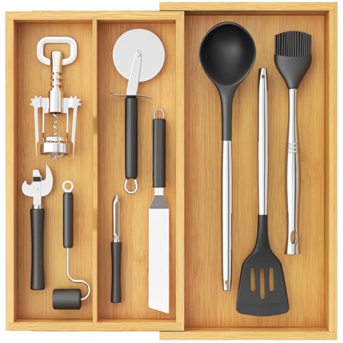 Lifewit Utensil Organizer for Kitchen Drawer, Expandable Cooking Utensil Tray, Cutlery Silverware Flatware Holder, Wood Adjustable Spatula Tools Storage Divider, 8.9-15.8 x 15.75, Natural - Image 1