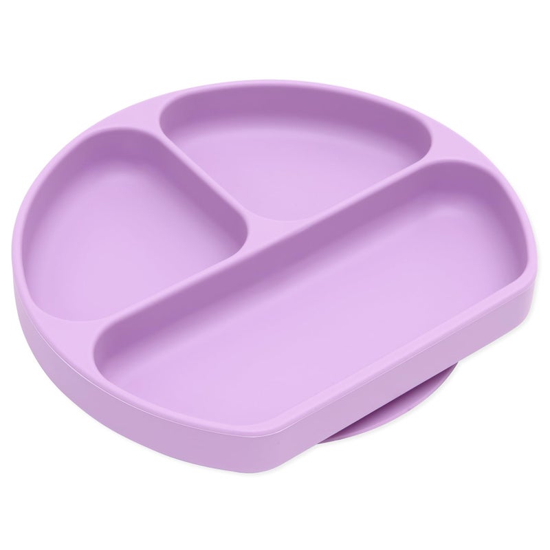 Bumkins Toddler and Baby Suction Plate Silicone Divided Grip Dish Babies and Kids Baby Led Weaning Children Feeding Supplies Non Skid Sticky Bottom Platinum Silicone Ages 6 Months Up Lavender