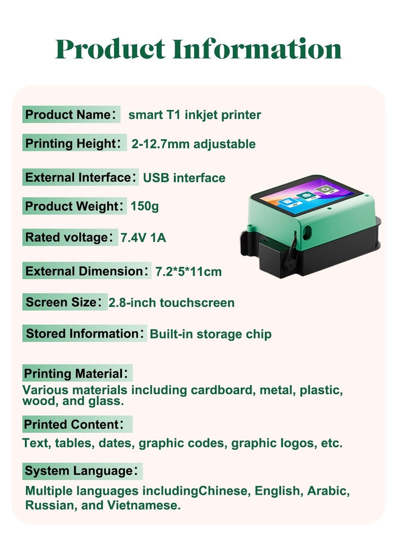 KidLe T1 Smart Handheld Mini Inkjet Printer, Portable High-Resolution Coding Machine with Bluetooth, 2.8-Inch Touch Screen for Text/Logo/Date Printing on Various Surfaces - Image 5
