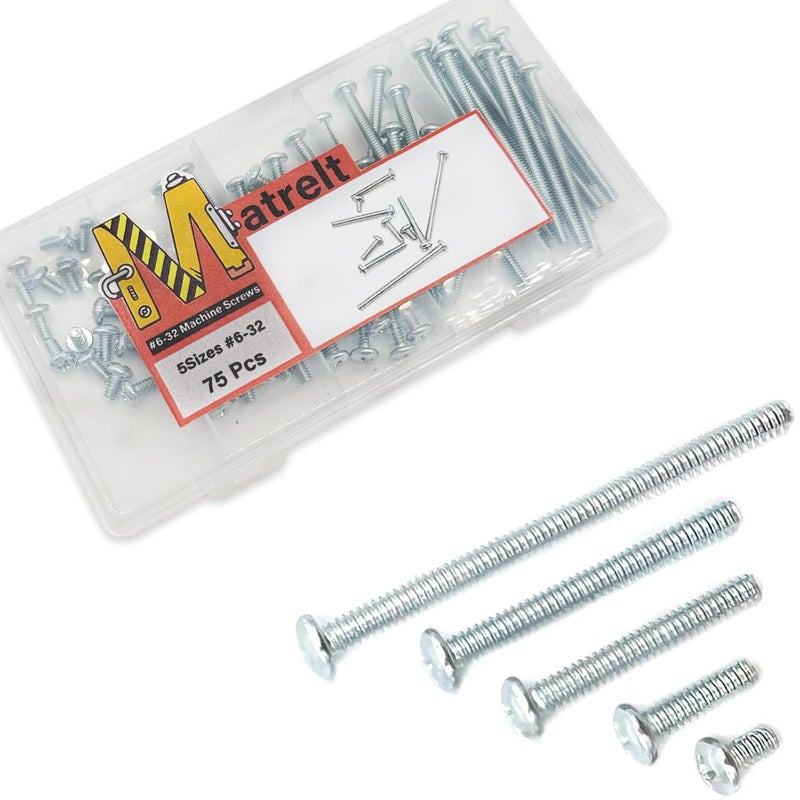 Matrelt 75 Pcs 5Sizes #6-32 Machine Screws Knob Screw Cabinet Screws Electricians Blots, Carbon Steel Zinc-Plated Phillips Pan Head Machine Screw Assortment Kit - Image 1