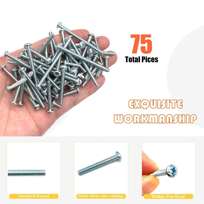 Matrelt 75 Pcs 5Sizes #6-32 Machine Screws Knob Screw Cabinet Screws Electricians Blots, Carbon Steel Zinc-Plated Phillips Pan Head Machine Screw Assortment Kit - Image 4