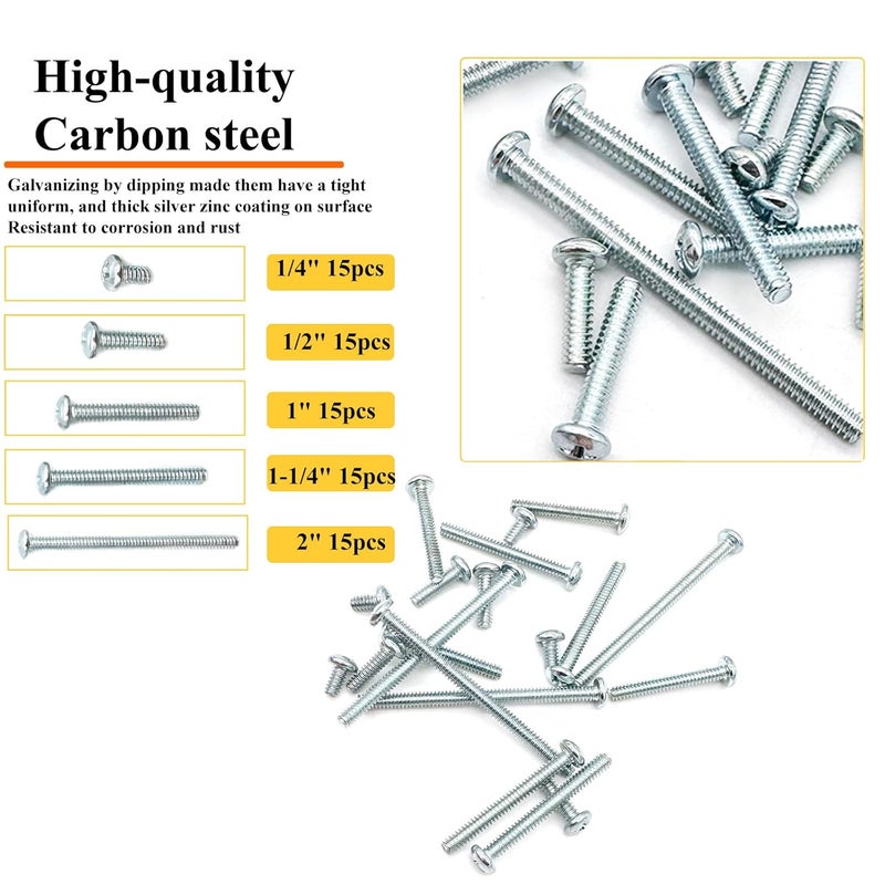 Matrelt 75 Pcs 5Sizes #6-32 Machine Screws Knob Screw Cabinet Screws Electricians Blots, Carbon Steel Zinc-Plated Phillips Pan Head Machine Screw Assortment Kit - Image 3