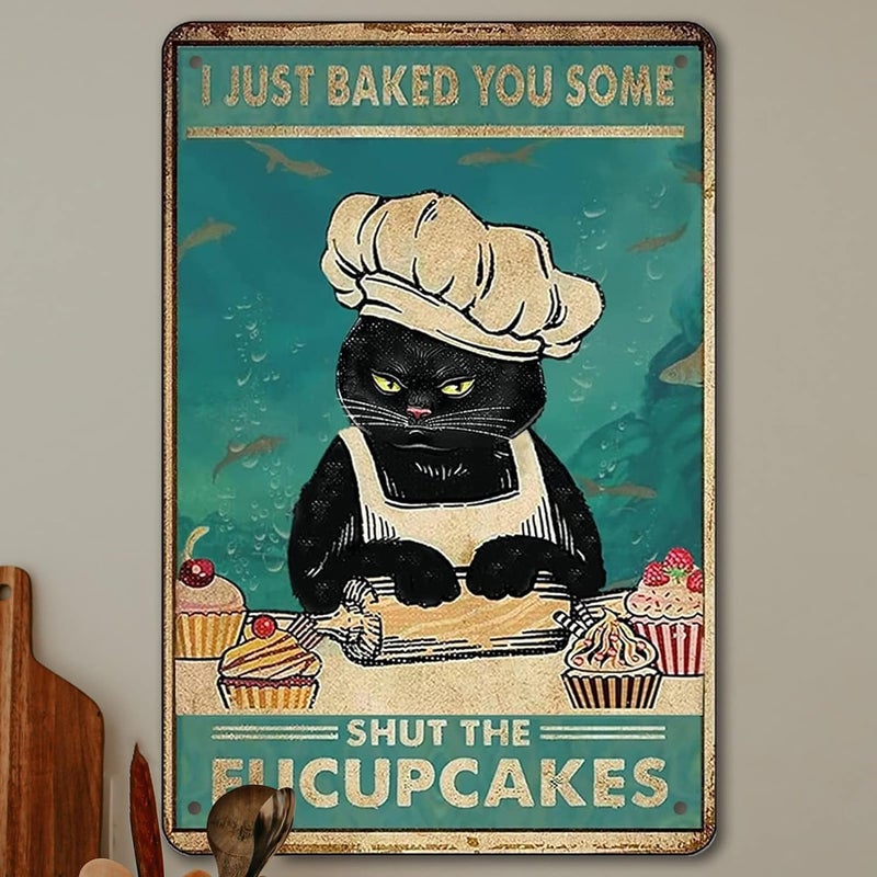 tosles Funny Retro Cat Metal Tin Sign Vintage Kitchen Signs Wall Decor Cat Art Kitty Cats Signs For Home Coffee Bar Cat Art I Just Baked You Some Cakes Sign 8x12 Inch - Image 1