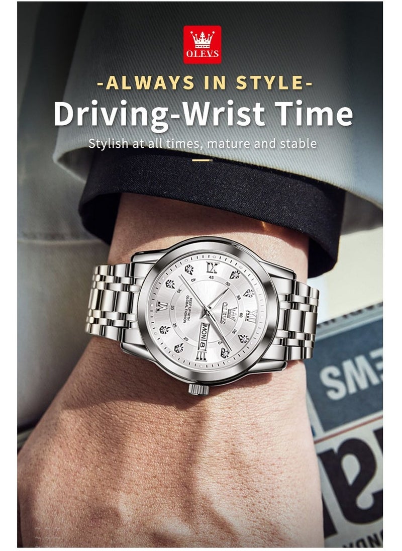 OLEVS ساعات للرجال من الفولاذ المقاوم للصدأ كوارتز تناظرية مقاومة للماء فضية 5513 - Image 3