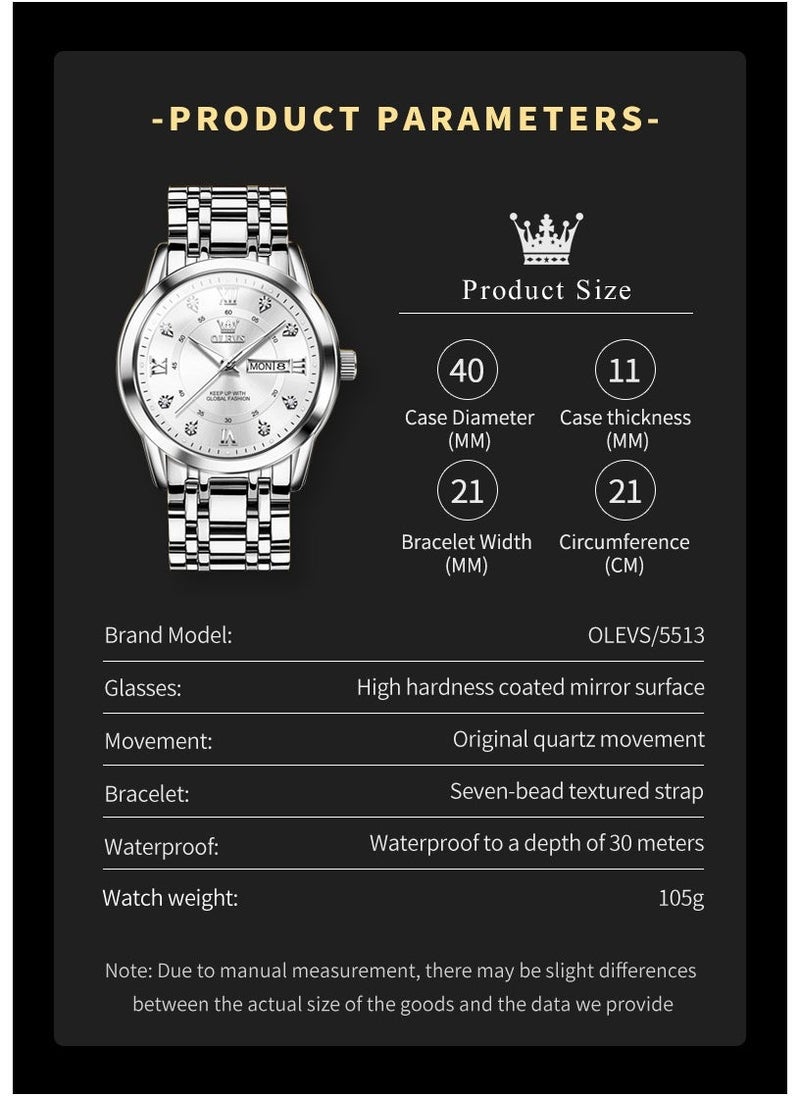 OLEVS ساعات للرجال من الفولاذ المقاوم للصدأ كوارتز تناظرية مقاومة للماء فضية 5513 - Image 5