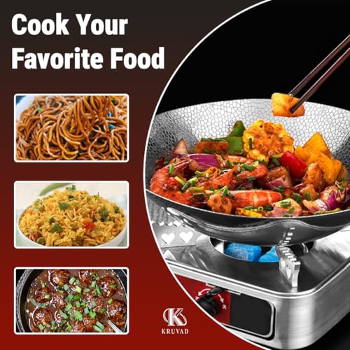 Kruvad Round Wok with Handle Korean Noodle Pot Stir Fry Pan Hand-Hammered TriPly Stainless Steel Heavy Weight Kadhai Flat Bottom Induction Kitchen Deep Kadhai Tool - Image 3