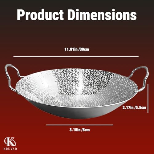Kruvad Round Wok with Handle Korean Noodle Pot Stir Fry Pan Hand-Hammered TriPly Stainless Steel Heavy Weight Kadhai Flat Bottom Induction Kitchen Deep Kadhai Tool - Image 2