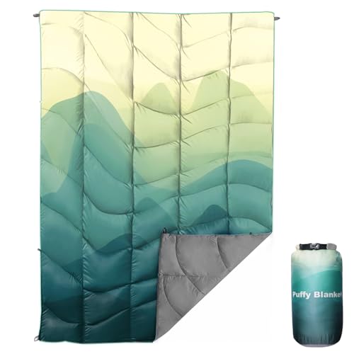 Outdoor Puffy Camping Blanket Lightweight Down Alternative Puffy Printed Camping Large Ultra Warm Hammock Top Quilt Waterproof Blanket for Traveling Picnic Beach Party Cold Weather Green Mountain
