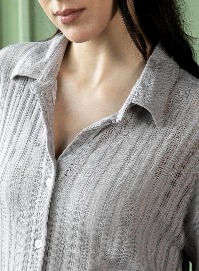 PINACOLADA  Women's Coin Grey Ridge-Knit Oversized Shirt | نساء | أكمام طويلة | سادة | طوق منتشر | كاجوال كبير الحجم | قميص for Women | Best Price UAE