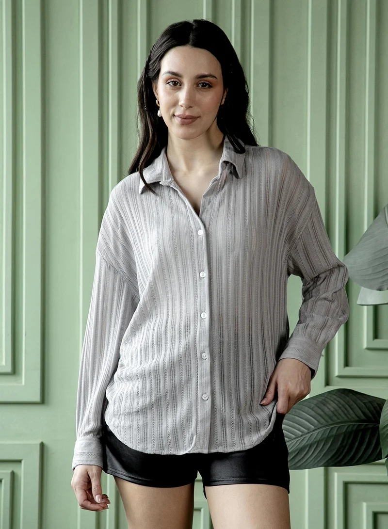 بينيا كولادا قميص نسائي واسع محبوك بياقة عريضة وأكمام طويلة بأزرار للإغلاق، قميص دائري محبوك بلون رمادي سادة للاستخدام اليومي والكاجوال