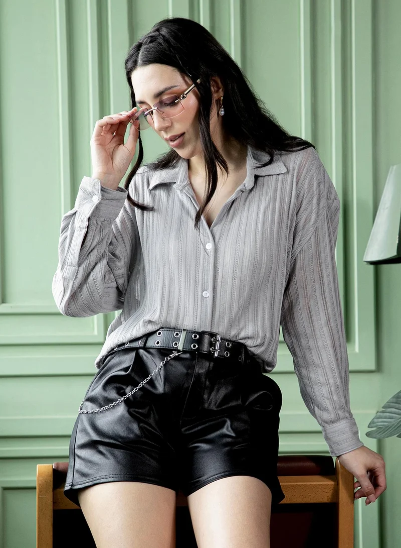 بينيا كولادا قميص نسائي واسع محبوك بياقة عريضة وأكمام طويلة بأزرار للإغلاق، قميص دائري محبوك بلون رمادي سادة للاستخدام اليومي والكاجوال