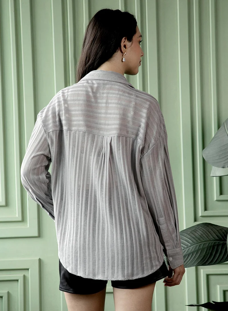 PINACOLADA  Women's Coin Grey Ridge-Knit Oversized Shirt | نساء | أكمام طويلة | سادة | طوق منتشر | كاجوال كبير الحجم | قميص for Women | Best Price UAE