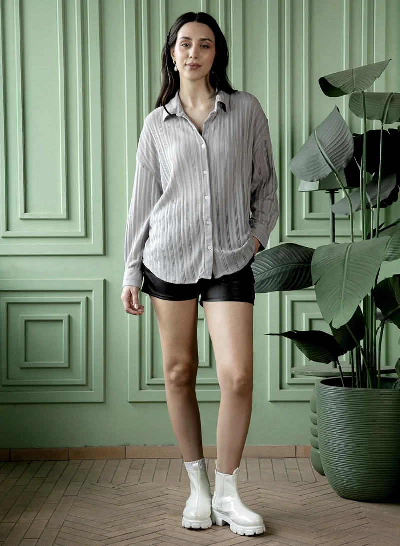 PINACOLADA  Women's Coin Grey Ridge-Knit Oversized Shirt | نساء | أكمام طويلة | سادة | طوق منتشر | كاجوال كبير الحجم | قميص for Women | Best Price UAE
