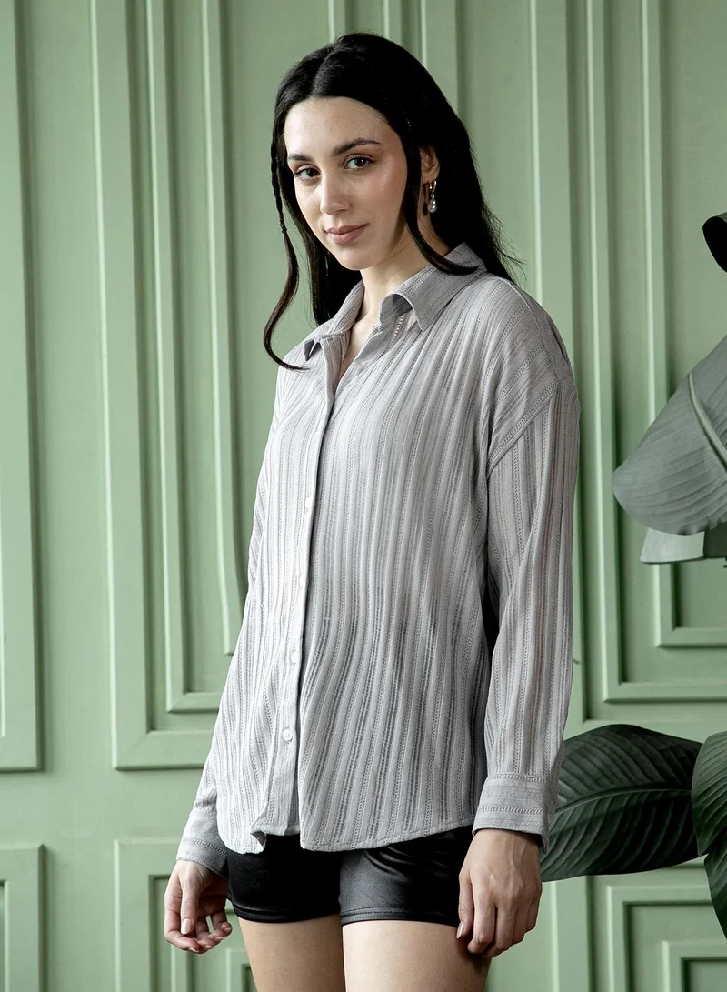 PINACOLADA  Women's Coin Grey Ridge-Knit Oversized Shirt | نساء | أكمام طويلة | سادة | طوق منتشر | كاجوال كبير الحجم | قميص for Women | Best Price UAE