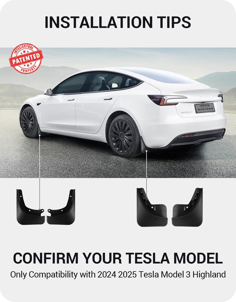 Basenor باسينور 2024 2025 موديل تسلا 3 هايلاند واقيات الطين حراس الطين بدون حفر بدون شريط واقيات الطين لجميع الأحوال الجوية واقيات الطين لملحقات خارجية تسلا موديل 3 (مجموعة من 4)  - Image 2
