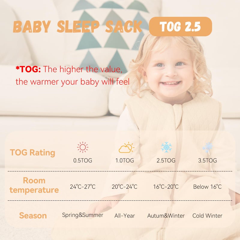 YOOFOSS Yoofoss Baby Winter Sleeping Bag 2.5 Tog 100% Cotton Warm Winter Sleeping Bag for Newborn Boys Girls Khaki 0-6 Months - Image 2