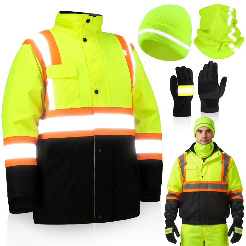 Shyyween 4 Pcs Thickened Warm Hi Vis Safety Jacket Cotton-lined Warm Winter Reflective Hi Vis Rain Construction Gear for Men(Green) - Image 1