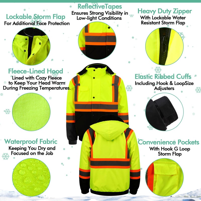 Shyyween 4 Pcs Thickened Warm Hi Vis Safety Jacket Cotton-lined Warm Winter Reflective Hi Vis Rain Construction Gear for Men(Green) - Image 5