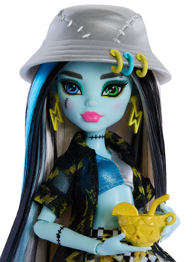 MONSTER HIGH Scare-Adise Island Frankie Stein Doll With Swimsuit, Coverup And Beach Accessories Like Hat, Volleyball And Tote  - Image 3