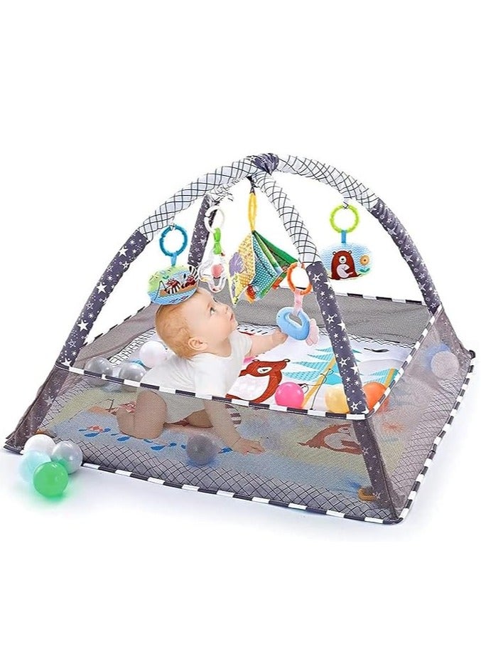 دي إم جي بساط لعب للاطفال في صالة الالعاب الرياضية من دي ام جي، بساط لعب للاطفال مع 5 العاب معلقة و18 كرة المحيط لتنمية المهارات الحسية والحركية، بساط لعب غير قابل للانزلاق وقابل للغسل للرضع من عمر 0-24 شهر - Image 1
