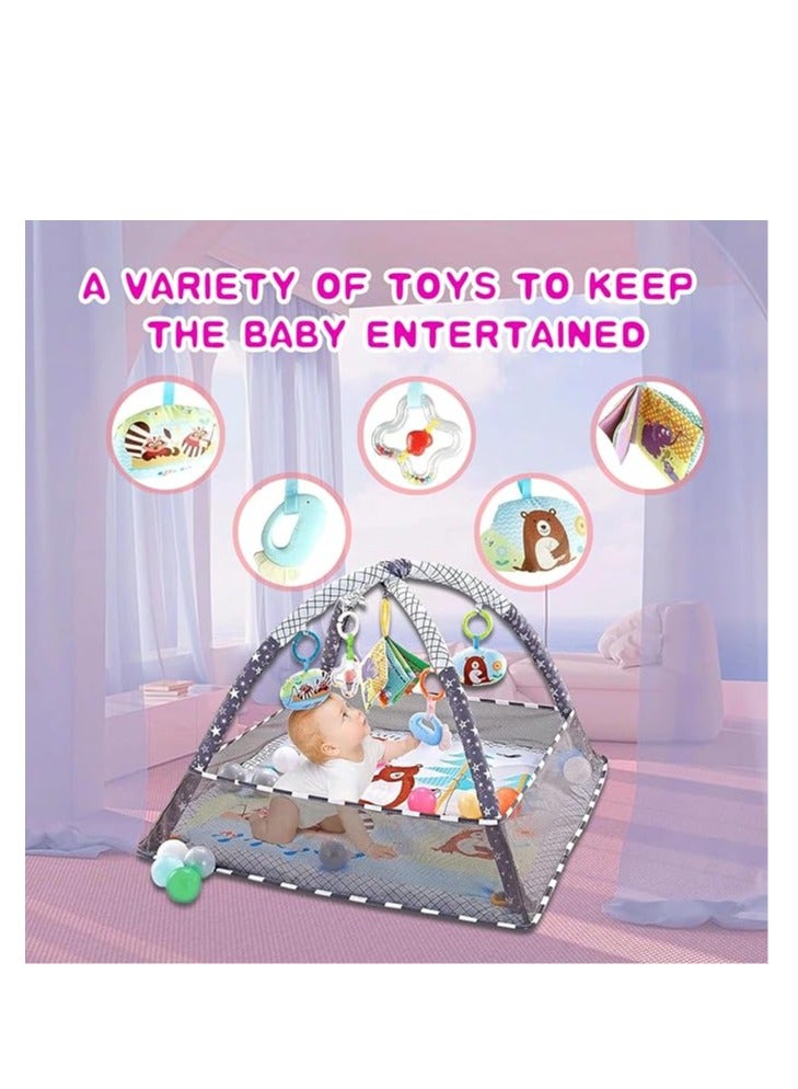 دي إم جي بساط لعب للاطفال في صالة الالعاب الرياضية من دي ام جي، بساط لعب للاطفال مع 5 العاب معلقة و18 كرة المحيط لتنمية المهارات الحسية والحركية، بساط لعب غير قابل للانزلاق وقابل للغسل للرضع من عمر 0-24 شهر - Image 5