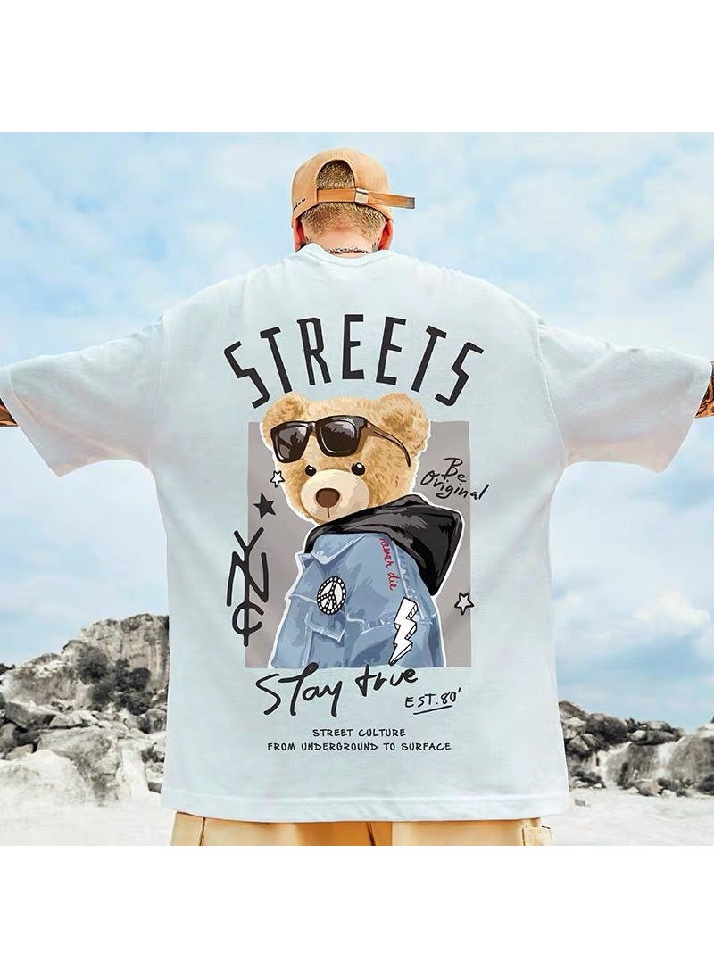 Generic - Plus Size Cartoon Short Sleeve T-Shirts For Men Loose Fit Trendy Brand Ins Chinese Trendy Half Sleeve Fat Trendy Fluid T-Shirts  G70 White - Image 1