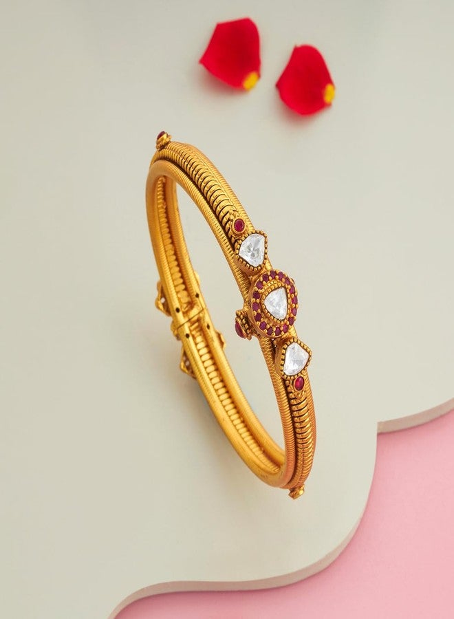 KUSHAL'S Fashion Jewellery Ruby Gold Plated Antique Kada for Women with Secure Lock, Festive & Occasion Wear - 457448 - Image 2
