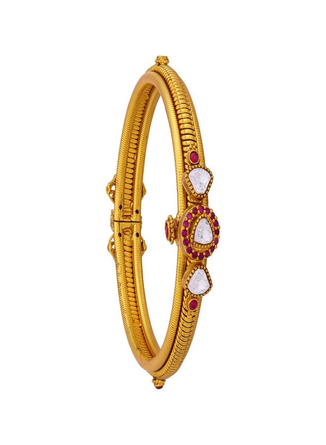KUSHAL'S Fashion Jewellery Ruby Gold Plated Antique Kada for Women with Secure Lock, Festive & Occasion Wear - 457448 - Image 1