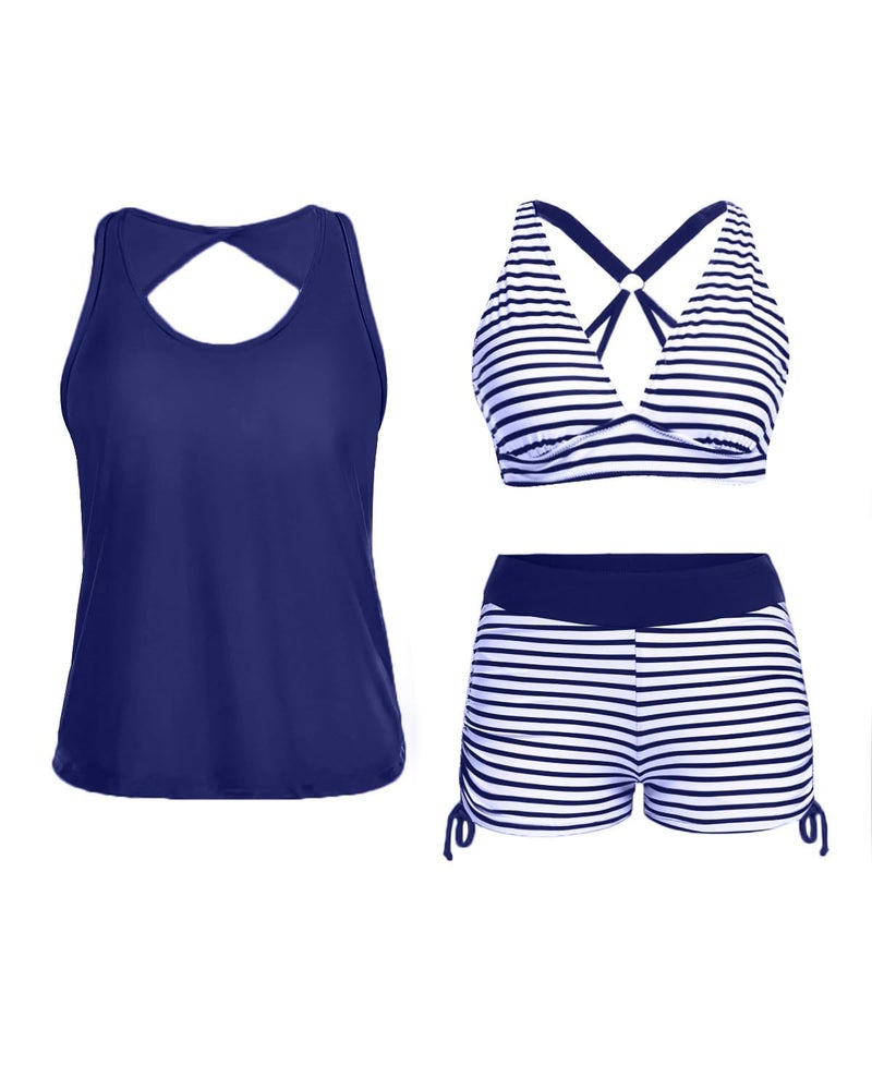 Yonique 3 Piece Tankini Swimsuits for Women Swim Tank Top Bathing Suits with Boy Shorts and Bra Athletic Swimwear Blue M - Image 1