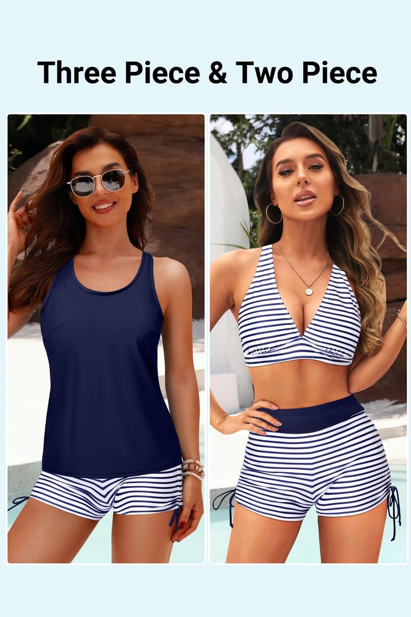 Yonique 3 Piece Tankini Swimsuits for Women Swim Tank Top Bathing Suits with Boy Shorts and Bra Athletic Swimwear Blue M - Image 4