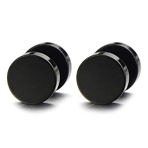 COOLSTEELANDBEYOND 7MM Black Screw Stud Earrings Men, Stainless Steel Cheater Fake Ear Plugs Gauges Illusion Tunnel - Image 1