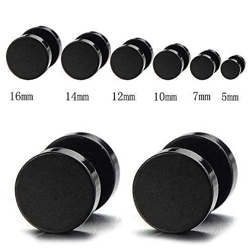 COOLSTEELANDBEYOND 7MM Black Screw Stud Earrings Men, Stainless Steel Cheater Fake Ear Plugs Gauges Illusion Tunnel - Image 2