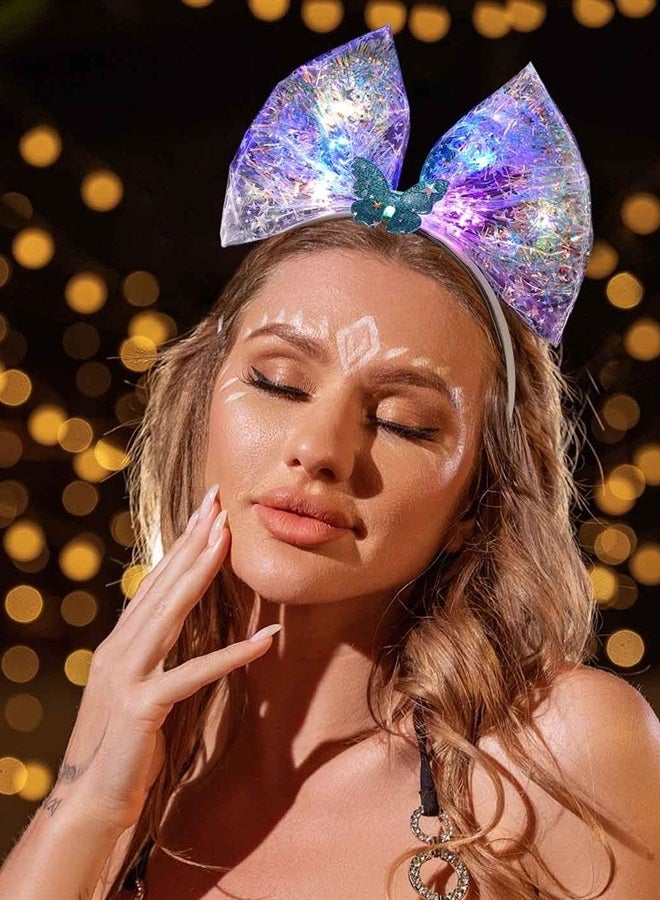 EARENT Light Up Bow Headband Led Glow Bow-knot Hair Hoop Laser Luminous Hair Band Glitter Flashing Headpiece Rave Nightclub Costume Party Hair Accessories for Women (C-Dreamy blue 2) - Image 3