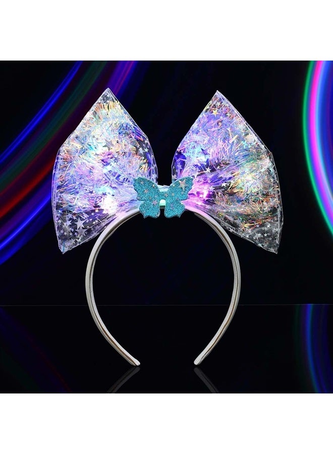 EARENT Light Up Bow Headband Led Glow Bow-knot Hair Hoop Laser Luminous Hair Band Glitter Flashing Headpiece Rave Nightclub Costume Party Hair Accessories for Women (C-Dreamy blue 2) - Image 1
