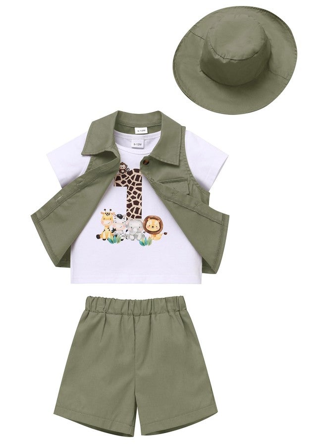 OBEEII Toddler Baby Boy Safari First Birthday Outfit Animal Short Sleeve T-shirt Top+Shorts+Vest+Hat Shorts Set Explorer Zoo Keeper Jungle Baptism Cake Smash Photoshoot Outfit Army Green 12-18 Months - Image 3