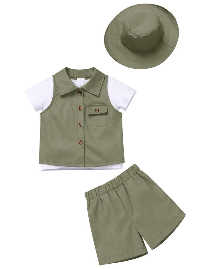 OBEEII Toddler Baby Boy Safari First Birthday Outfit Animal Short Sleeve T-shirt Top+Shorts+Vest+Hat Shorts Set Explorer Zoo Keeper Jungle Baptism Cake Smash Photoshoot Outfit Army Green 12-18 Months - Image 2