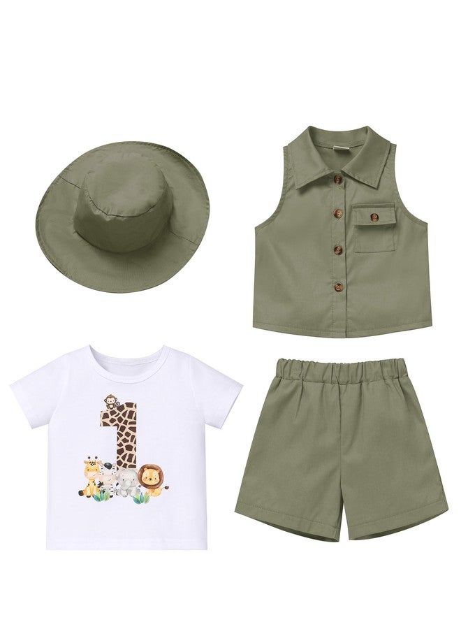 OBEEII Toddler Baby Boy Safari First Birthday Outfit Animal Short Sleeve T-shirt Top+Shorts+Vest+Hat Shorts Set Explorer Zoo Keeper Jungle Baptism Cake Smash Photoshoot Outfit Army Green 12-18 Months - Image 1