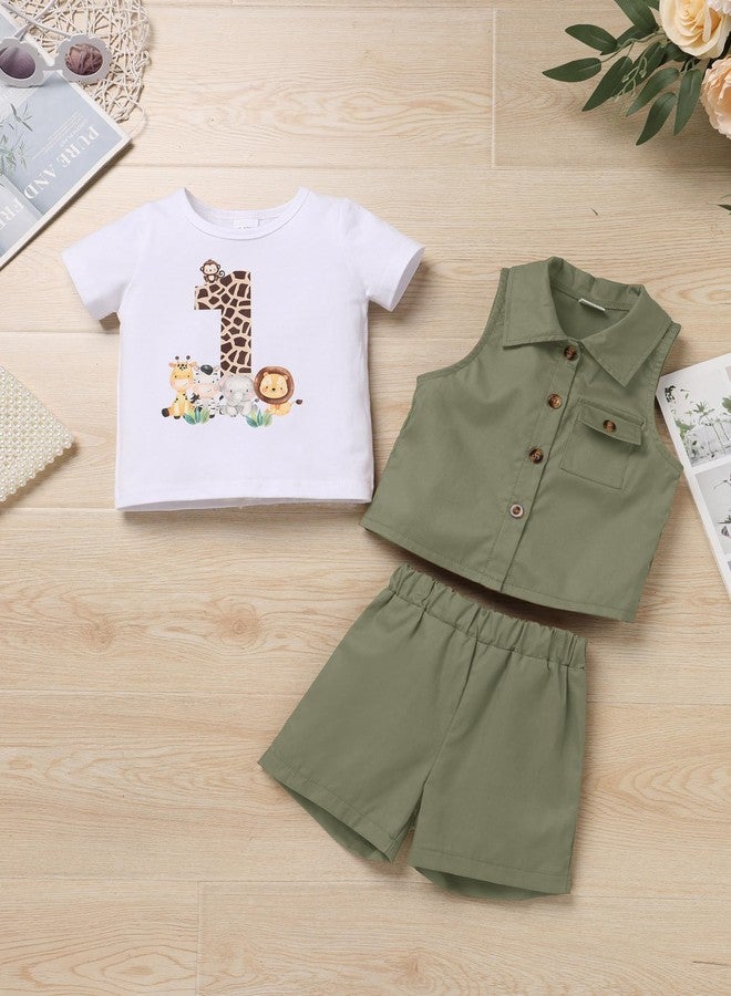 OBEEII Toddler Baby Boy Safari First Birthday Outfit Animal Short Sleeve T-shirt Top+Shorts+Vest+Hat Shorts Set Explorer Zoo Keeper Jungle Baptism Cake Smash Photoshoot Outfit Army Green 12-18 Months - Image 4